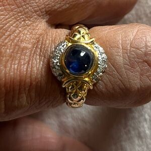 Beautiful and Authentic Big Sapphire & 20 Diamonds  Ring 18k gold with engraved